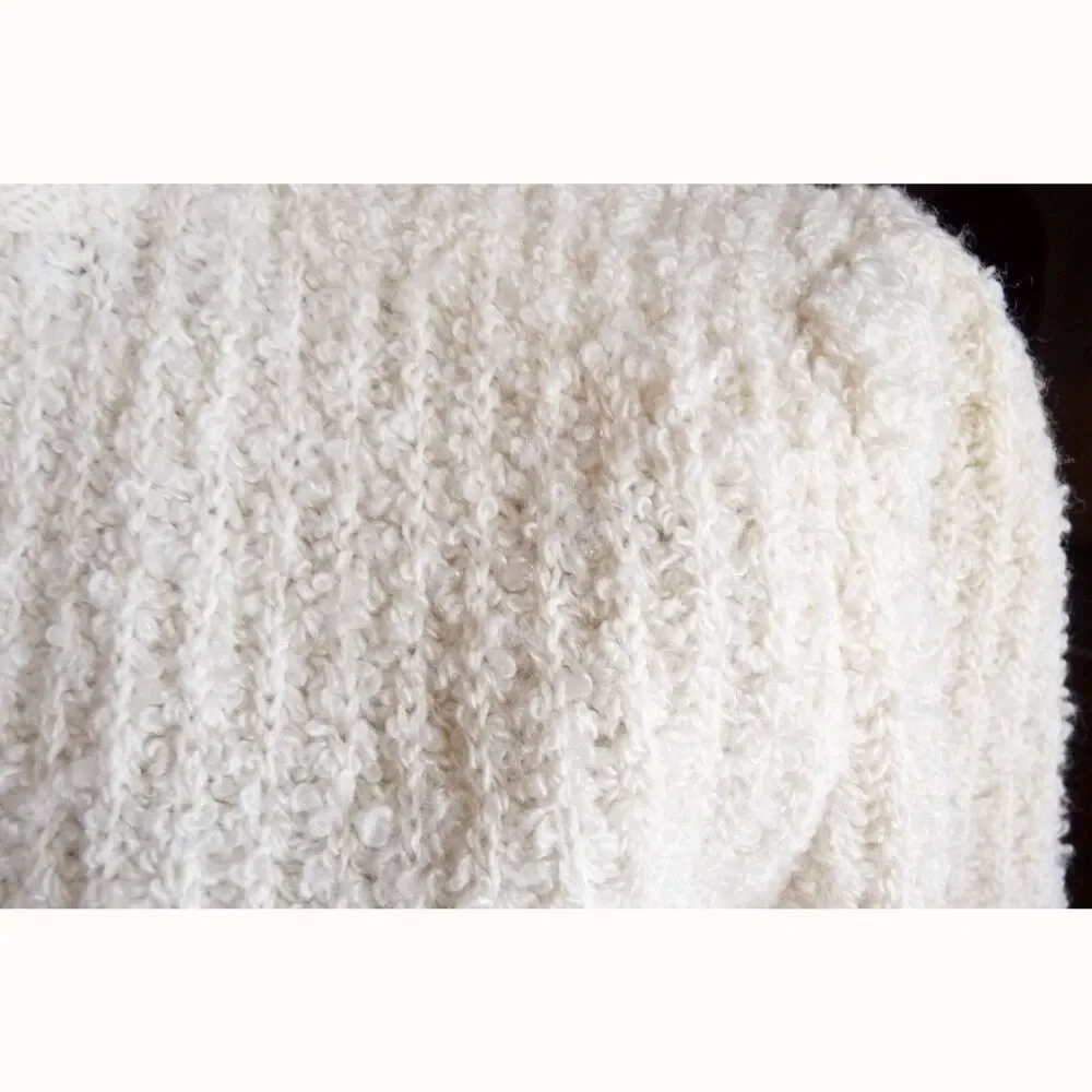 Vintage Cream Boucle Knit Open Front Elegant Edge Trim Cardigan Jacket M